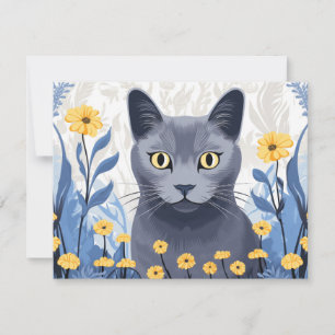 Cartão De Festividades Flores Amarelas do Gato Azul Russo