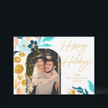 Cartão De Festividades Flores Aquarela Azul e Dourado | 1 Foto Elegante<br><div class="desc">Cartão de Férias Foto Floral Aquarela Boho Azul Teal e Dourado</div>