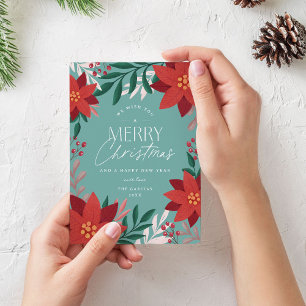 Cartão De Festividades Flores Azuis e Vermelhas Modernas Feliz Natal 