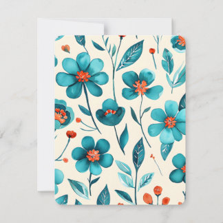 Cartão De Festividades Flores Azul Verde em Aquarela