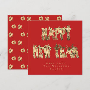 Cartão De Festividades Flores de feliz ano novo Vermelho e Script Dourado