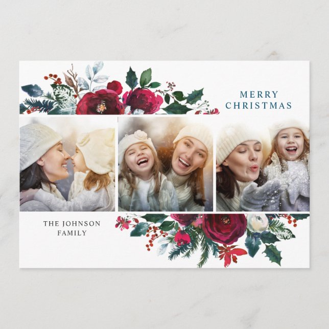 Cartão De Festividades Flores de inverno de Natal Elegantes 3 Saudação Fo (Frente)