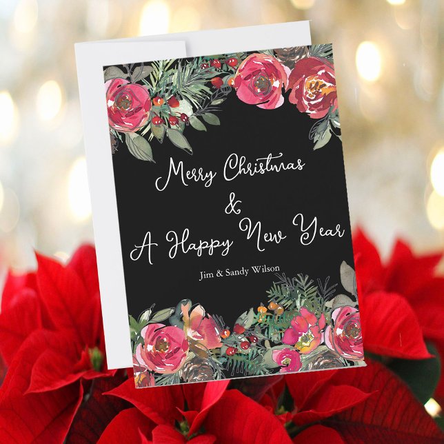 Cartão De Festividades Flores de Natal Vermelhas Elegantes em Fundo Preto (Criador carregado)