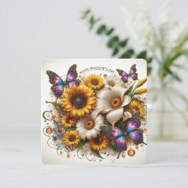 Cartão De Festividades Flores e Borboleta do Dia das Mães Feliz