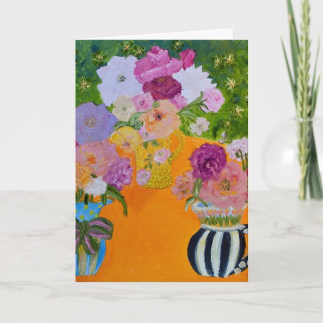 Cartão De Festividades Flores em Vases colocam sorrisos em Faces (Frente)