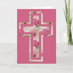 Cartão De Festividades Flores Rosa Design Cruz Christian Greeting Card