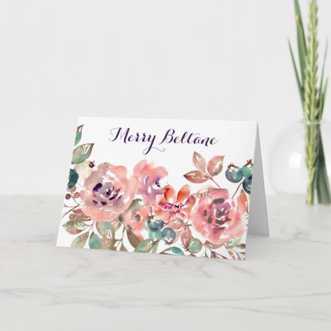 Cartão De Festividades Flores Rosa Selvagens e Beltane Aquarela (Frente)