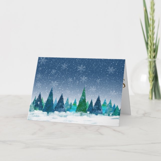 Cartão De Festividades Floresta Azul Nevada Contemporânea Feliz Natal (Frente)