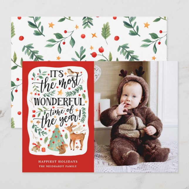 Cartão De Festividades Floresta de Aquarela Foto Vermelha Maravilhosa do  (Frente/Verso)