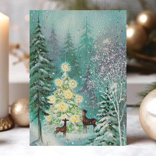 Cartão De Festividades Floresta de Aquarela Vintage Veado Natal Retro