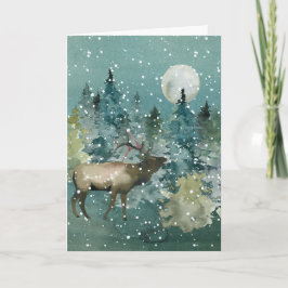 Cartão De Festividades Floresta de Elk Completa Lua Lena Neve Aquarela