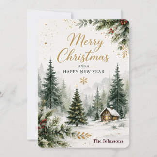 Cartão De Festividades Floresta de Inverno em Aquarela Elegante Feliz Nat