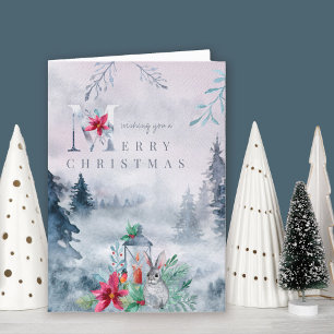 Cartão De Festividades Floresta de Inverno Névoa Aquarela Lanterna Acesa
