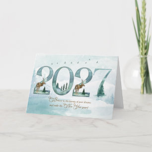 Cartão De Festividades Floresta florestal de 2026, Ano Novo, com cervos e