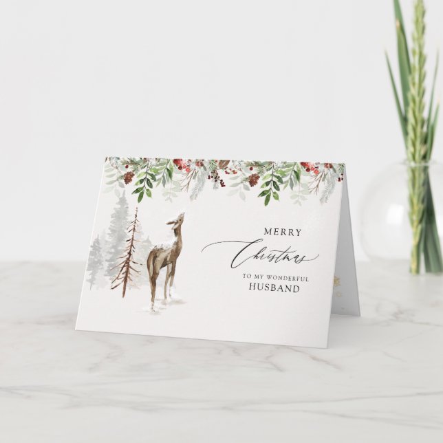 Cartão De Festividades Floresta Russa Moderna - Snow Cabin Marido Natal (Frente)