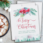 Cartão De Festividades Floresta Simples de Inverno e Poinsettia Aquarela<br><div class="desc">Cartão de Férias Simples e elegante, personalizado com sua mensagem e nome(s). Este design de aquarela tem uma floresta de abetos e uma terra floral com poinsettias, folhagem de inverno, bagas e galhos de pinho. Feliz Natal é manchado em caligrafia suave e seu texto personalizado é impresso em tipografia moderna....</div>