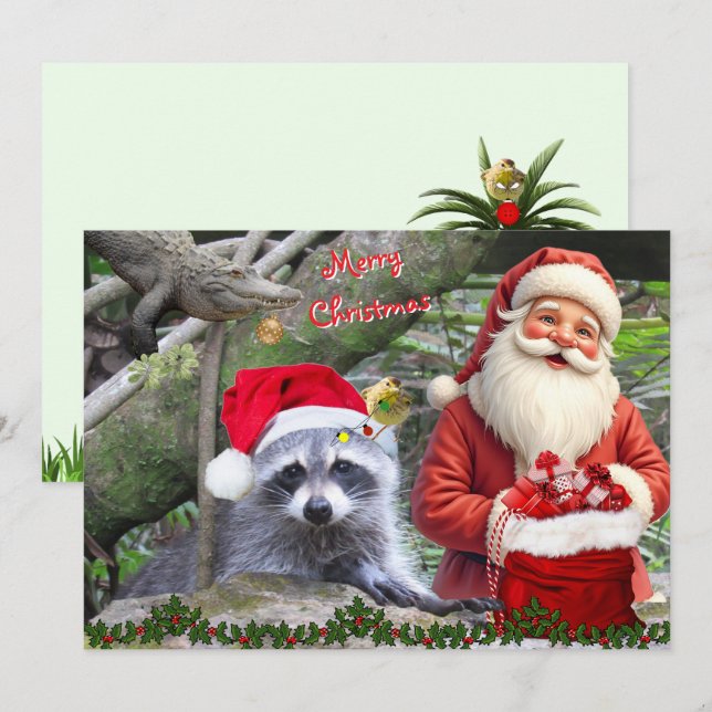Cartão De Festividades Florida Raccoon, Gator, and Santa Flat Card (Frente/Verso)
