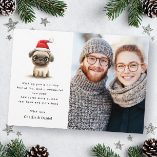 Cartão De Festividades Fofinho pug com chapéu de Papai Noel foto de Feliz