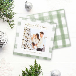Cartão De Festividades Fofo Gingham Xadrez Verde Foto Personalizada Natal