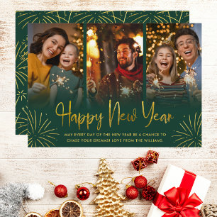 Cartão De Festividades Fogo de Artifício Dourado Caprichoso Foto Feliz An