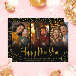 Cartão De Festividades Fogo de Artifício Dourado Caprichoso Foto Feliz An