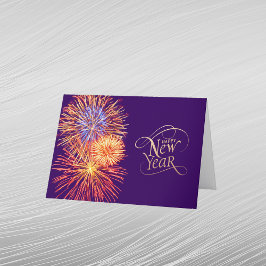 Cartão De Festividades Fogos de Artifício Dourado Roxo Gráfico Ano Novo 