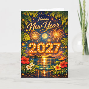 Cartão De Festividades Fogos de Artifício Tropicais Pôr do Sol Feliz Ano 