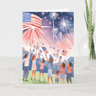 Cartão De Festividades Fogueira de Quatro de Julho Bandeira EUA Aquarel