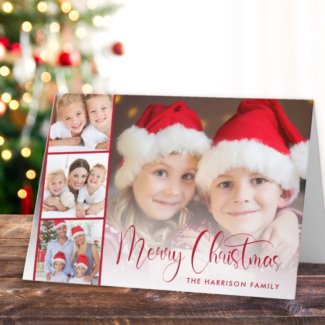 Cartão De Festividades Folha de Fotos de Script Vermelho Feliz de Natal (Share the love and warmth of the season with your personalized photo Christmas card)