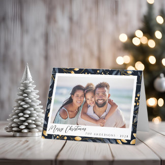 Cartão De Festividades Folha De Natal Dourada E Azul Elegante Foto Dobrad