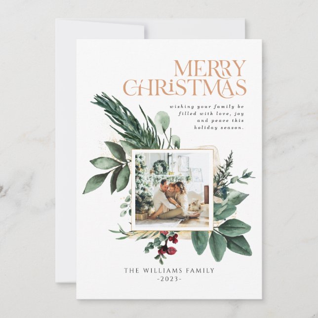 Cartão De Festividades Folhagem Botânica de Natal Aquarela Uma Foto (Frente)