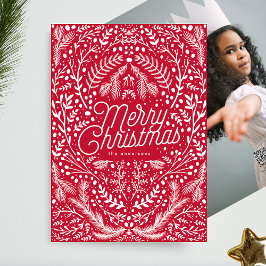 Cartão De Festividades Folhagem Branca Vermelha e Berries Sem Foto Natal