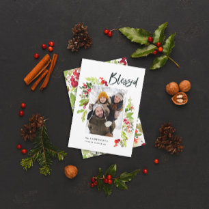 Cartão De Festividades Folhagem de aquarela abençoada 1 foto de natal ver