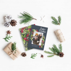 Cartão De Festividades Folhagem de Natal azul marinho tradicional 1 fotog