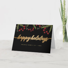 Cartão De Festividades Folhagem de script de férias feliz vermelho preto 
