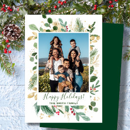 Cartão De Festividades Folhagem Dourada Verde Festiva Pinheira Aquarela F