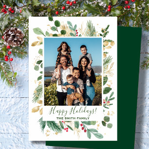 Cartão De Festividades Folhagem Dourada Verde Festiva Pinheira Aquarela F