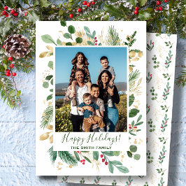 Cartão De Festividades Folhagem Dourada Verde Festiva Pinheira Aquarela F