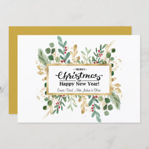 Cartão De Festividades Folhagem Verde Dourada Red Berry Greeting