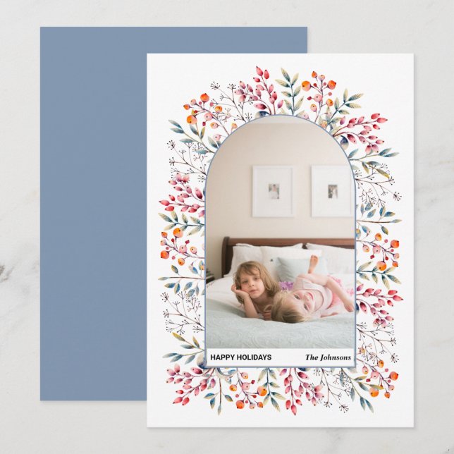 Cartão De Festividades Folhas de aranha e bagas, azul empoeirado, foto de (Frente/Verso)