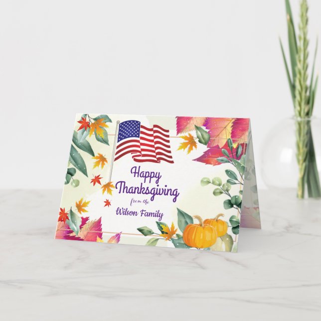 Cartão De Festividades Folhas de Outono e Bandeira dos EUA Dia de Ação de (Frente)