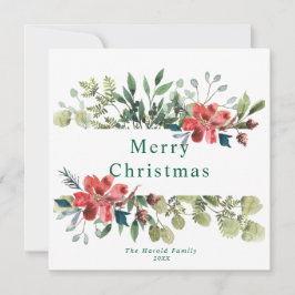 Cartão De Festividades Folhas Verdes de Inverno de Aquarela com Flores Ve