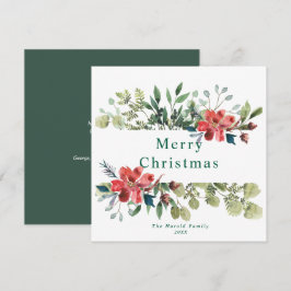 Cartão De Festividades Folhas Verdes de Inverno de Aquarela com Flores Ve