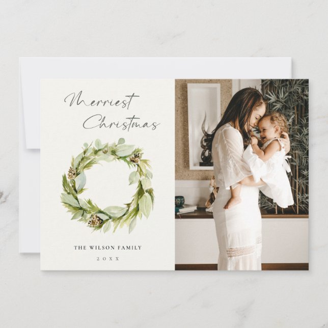 Cartão De Festividades Foliage Winter Wreath Merriest Christmas Photo (Frente)