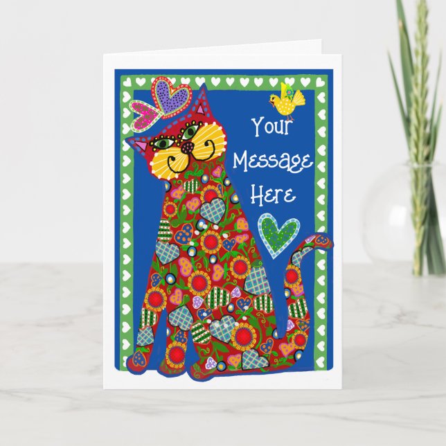 Cartão De Festividades Folk Art da placa de Namorados de Gato Dobrado (Frente)