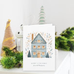 Cartão De Festividades Folk Art Winter Blue House Feliz Natal<br><div class="desc">Folk Art Winter Blue House Feliz Natal. Disponível digitalmente e impresso. Personalize facilmente o texto na frente e na dentro.</div>