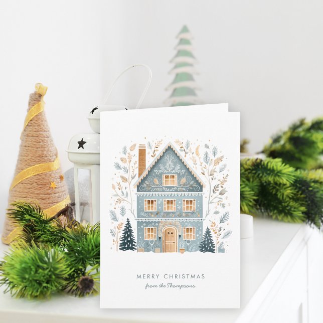 Cartão De Festividades Folk Art Winter Blue House Feliz Natal (Folded Christmas card, available digitally and printed)