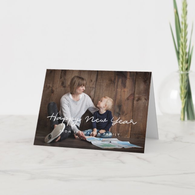 Cartão De Festividades Fonte branca simples do feliz ano novo (Frente)