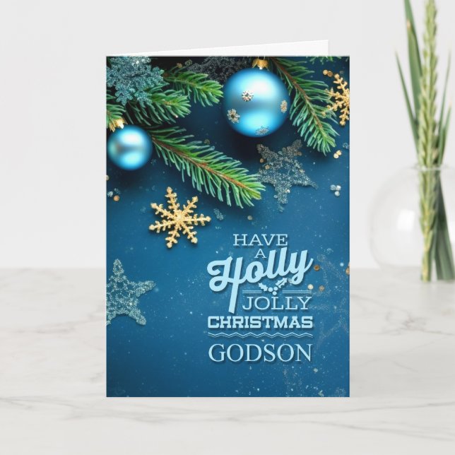 Cartão De Festividades for Godson Blue Holly Jolly Christmas Ornament (Frente)