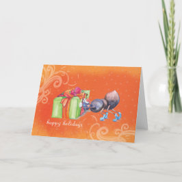 Cartão De Festividades Formiga que empurra o presente de Natal